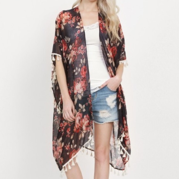 Navy Floral Tassel Kimono - Picture 3 of 6